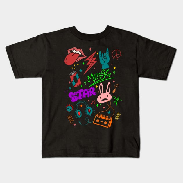 Rock n roll Graffiti skull neon doodle Kids T-Shirt by SpaceWiz95
